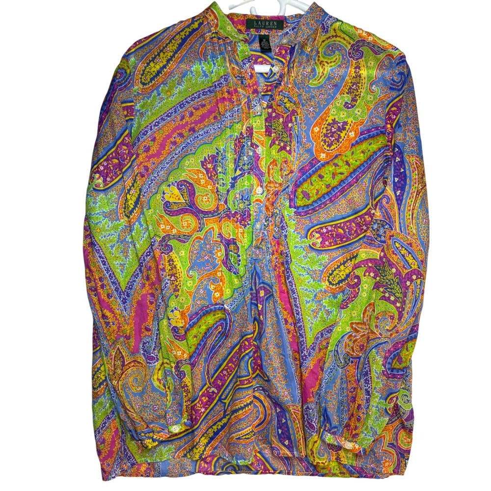 Lauren Ralph Lauren Paisley Print Blouse Sz M Colorful Button Front 100% Cotton‎